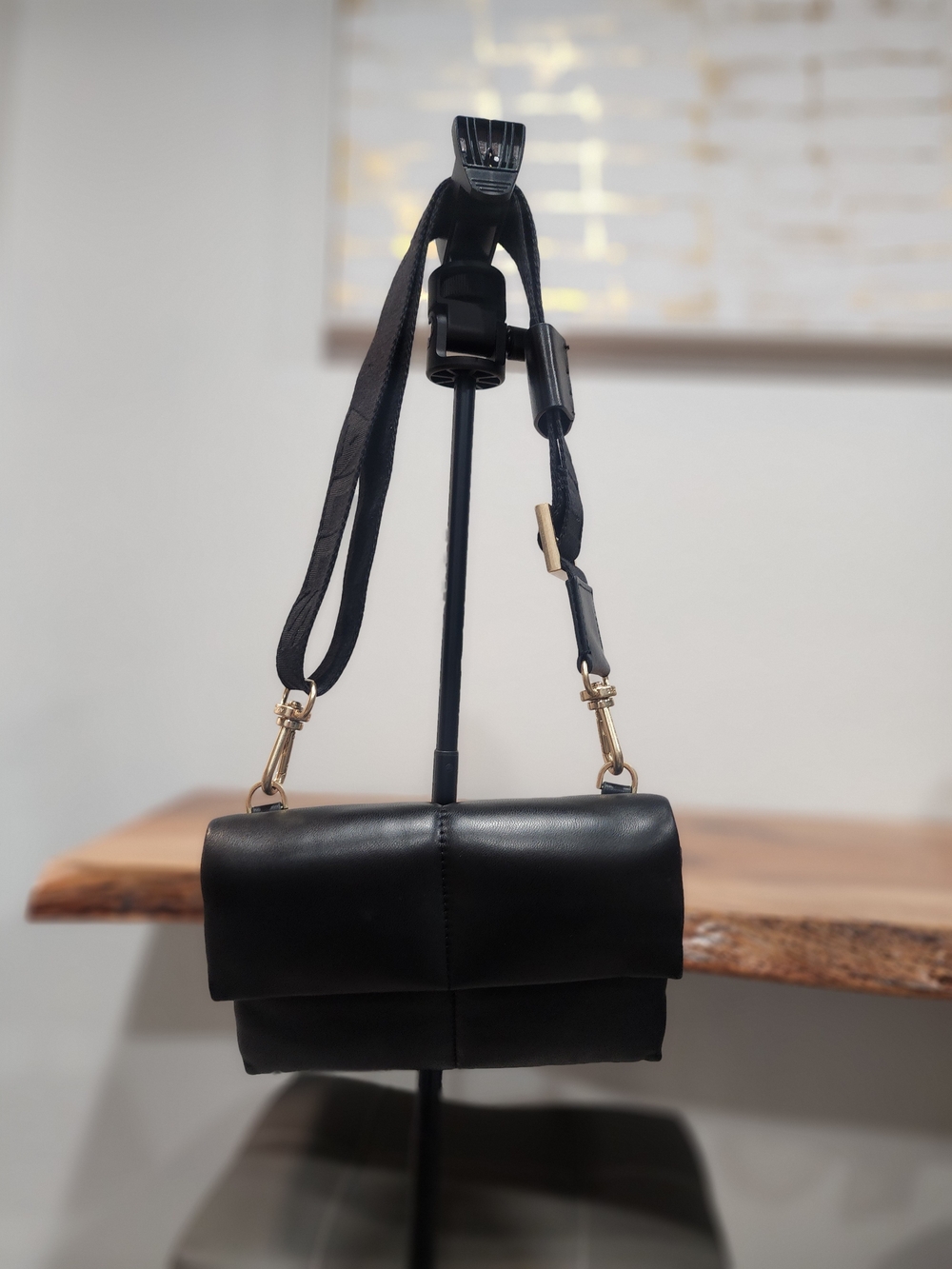 All Saints Ezra Black Leather Crossbody Bag with Gold Hardware